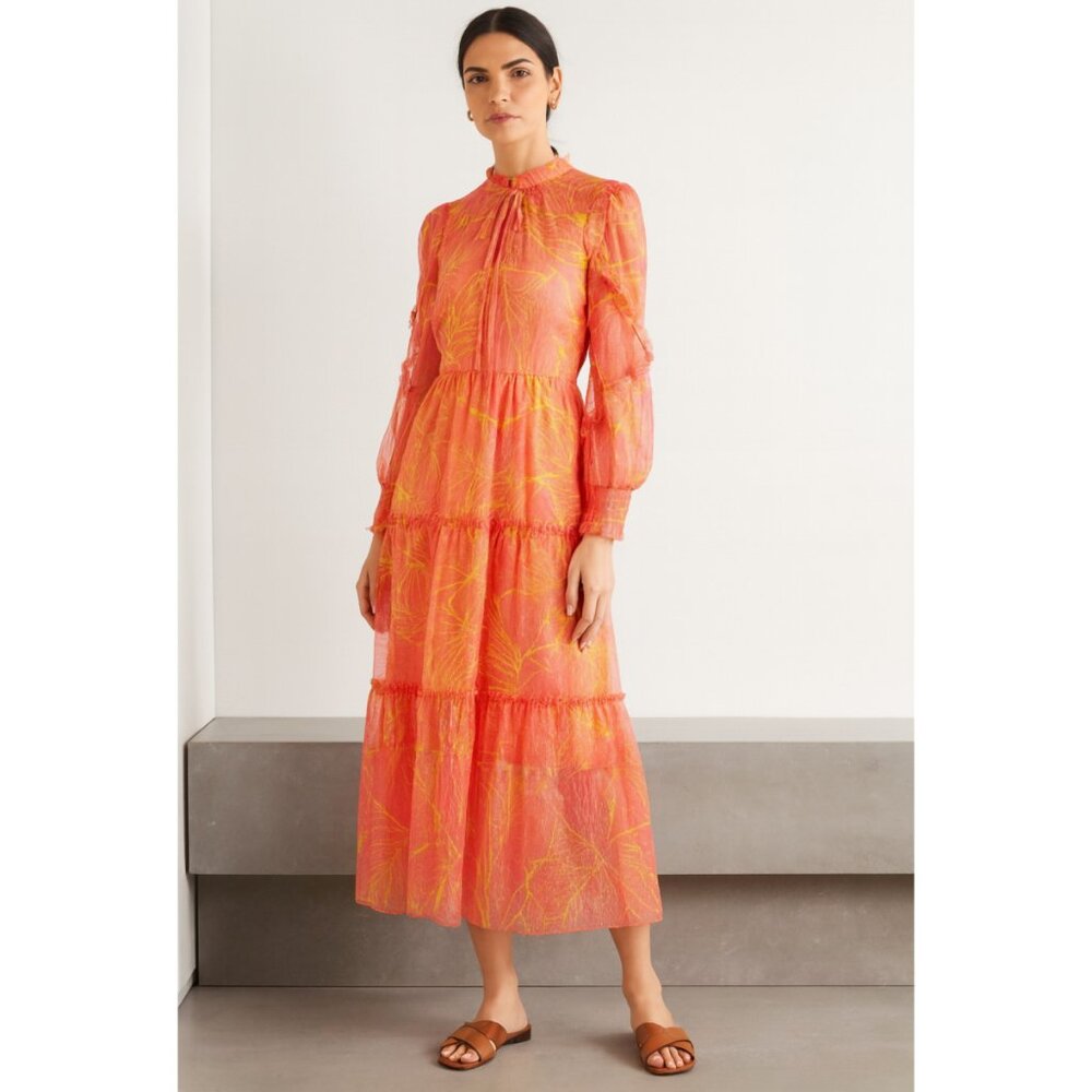 Marchesa Notte Printed Ruffled Tiered Tulle Midi Dress